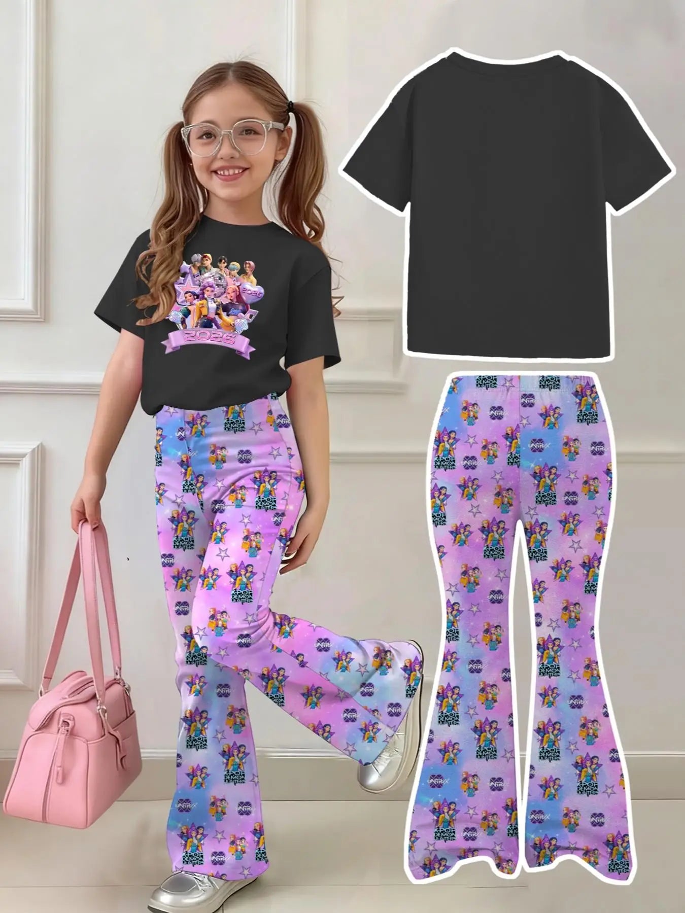 Girls' 2026 K-Pop World Tour Set: Black Idol Graphic Tee & Pastel Character Flared Pants
