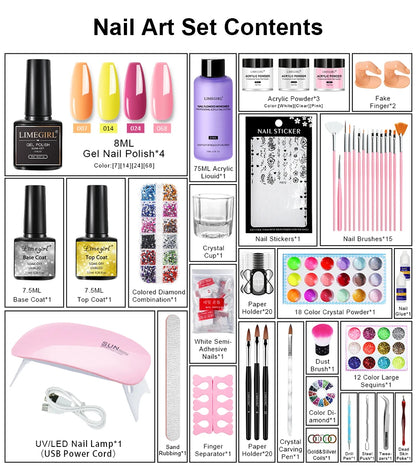LIMEGIRL Acrylic Powder Kit and Liquid Monomer Nail Kit 3D Art Nail Extension Decoration with UV LED Light Crystal Powder Kit