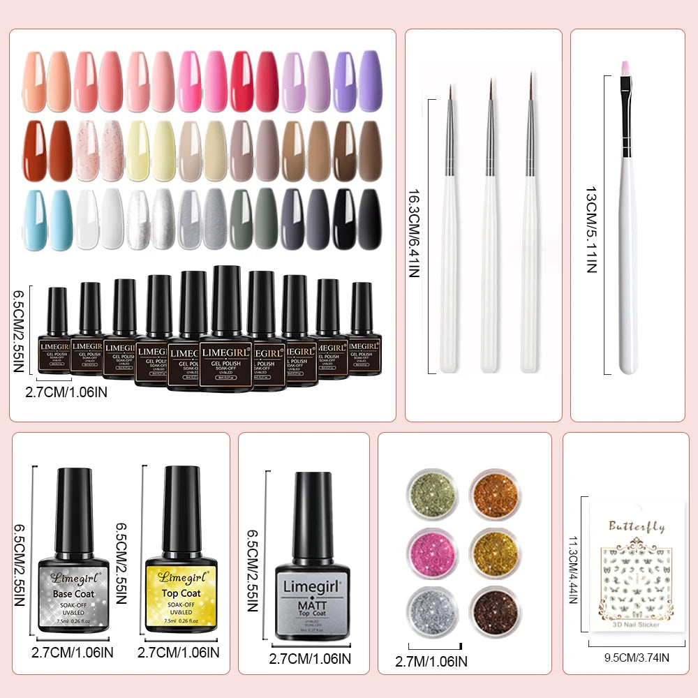 LIMEGIRL 24PCS Gel Nail Polish kit with Nail Art Diamond Powder UV  Soak Base Coat Gel for Nail Art DIY Design Gel Varnish Kit
