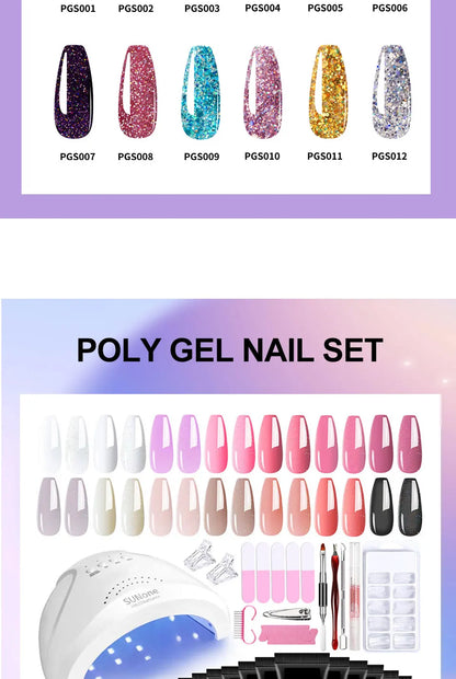 Poly Extension Gel Nail Kit 14 PCS 15ML Quick Building UV/LED Gel with Slip Solution and Nails Art Lamp  for Beginner Manicure