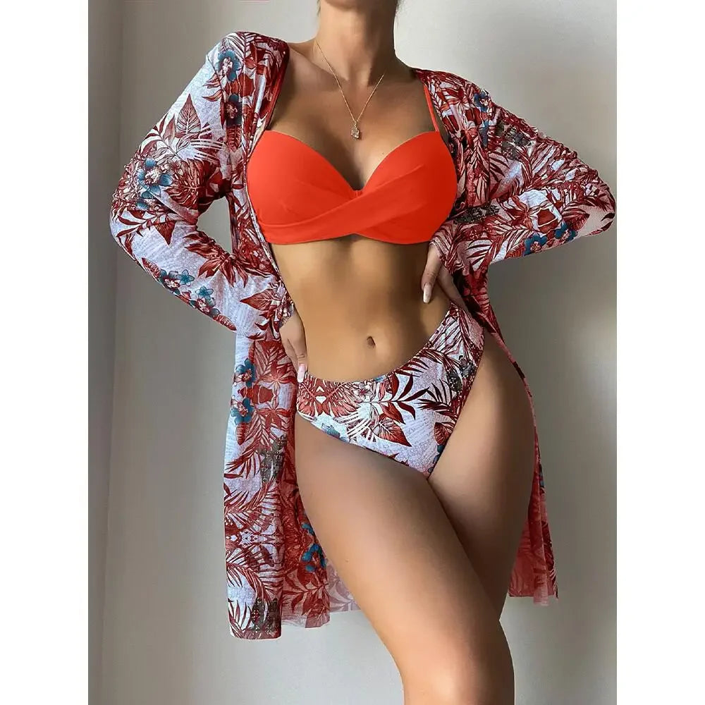 Three Pieces Bikini Set Cover Up Women 2023 New Push Up Twist Swimsuit Print Long Sleeve Swimwear Biquini Bathing Suit Summer