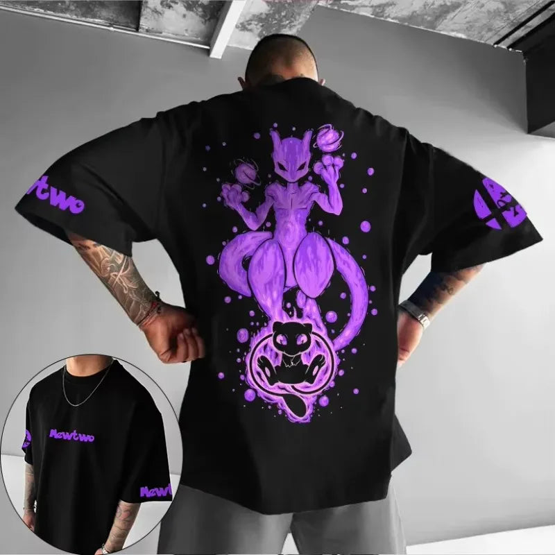 Pokémon Co-branded Loose Plus Size T-shirt 2025 Summer Men's Street Trend Animation Mewtwo Printing Casual Versatile Harajuku