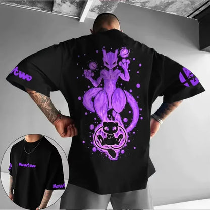 Pokémon Co-branded Loose Plus Size T-shirt 2025 Summer Men's Street Trend Animation Mewtwo Printing Casual Versatile Harajuku