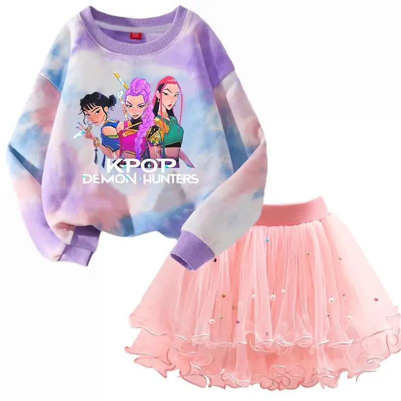 Girls' K-Pop HUNTRX Autumn Set: Pink Tie-Dye Sweatshirt & Pearl Tulle Princess Skirt