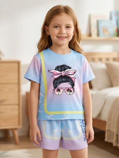 Girls' Sunset Beach 2-Piece Summer Set: Tie-Dye Mesh Tee & Shorts Sport Outfit