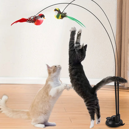 Two birds Cat teasing stick set simulation bird hands-free bird cat stick long pole double pole with bell strong suction cup cat