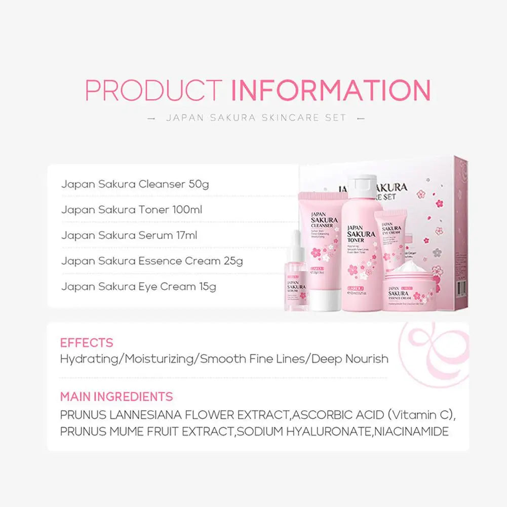 LAIKOU Japan Sakura Skin Care Set: 5-Piece Hydrating & Brightening Kit