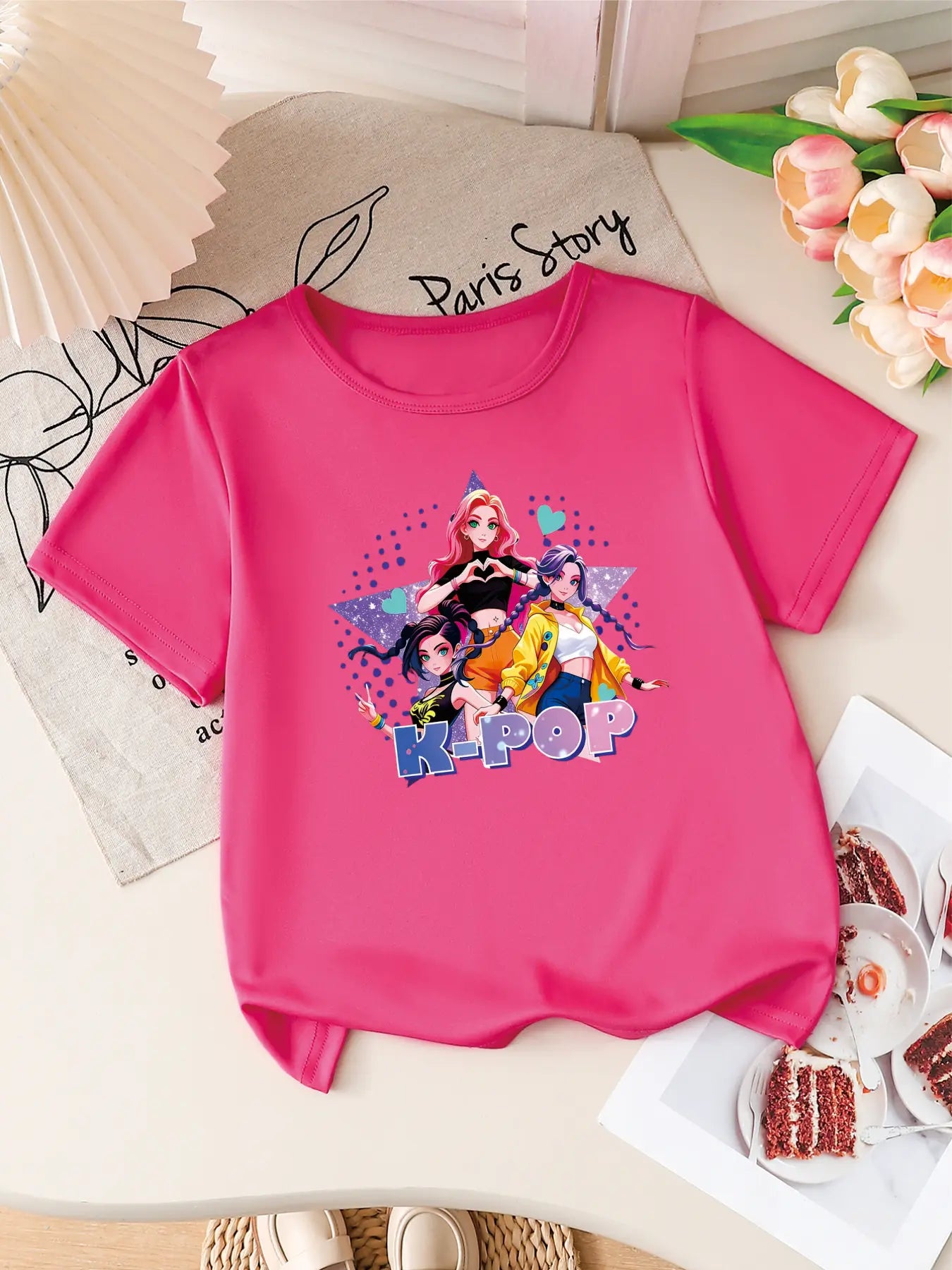 Girls K-POP Anime Print Short Sleeve T-Shirt Cute Cartoon Graphic Tee Kids Summer Casual Top
