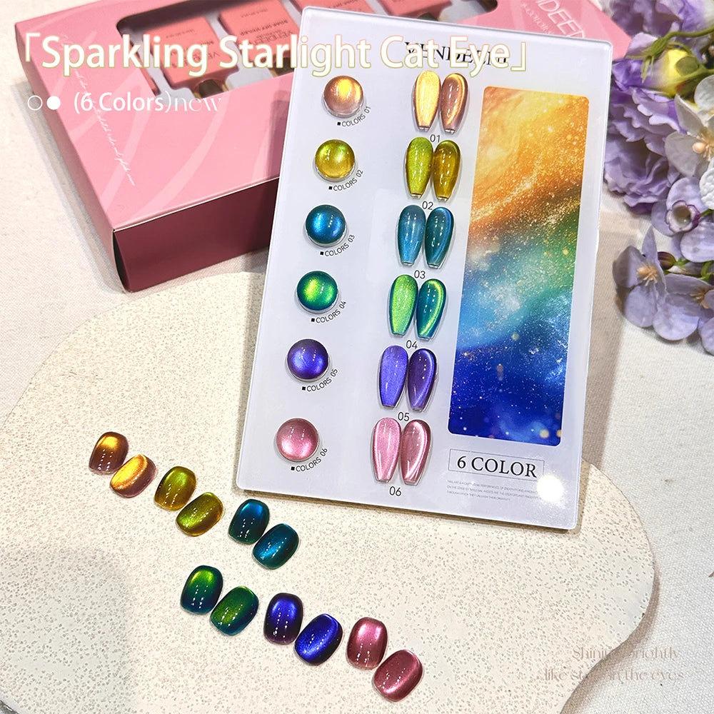 Vendeeni 6 Colors Crystal Cat Eye Gel Nail Polish Set Semi Permanent Sparkling Magnetic UV LED Soak Off Gel Varnish With Display