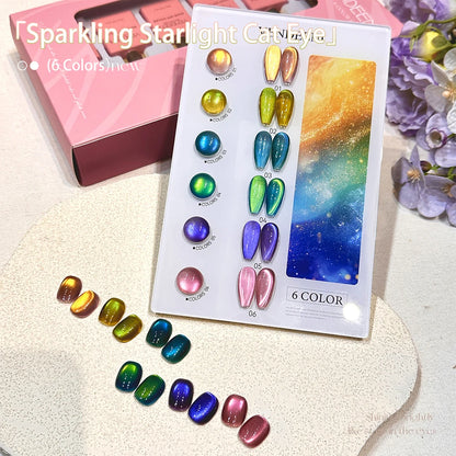 Vendeeni 6 Colors Crystal Cat Eye Gel Nail Polish Set Semi Permanent Sparkling Magnetic UV LED Soak Off Gel Varnish With Display