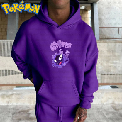Pokemon Anime Gengar Cotton Hoodie Purple Character Print with Multiple Ghost Type Creatures Pattern Casual Streetwear