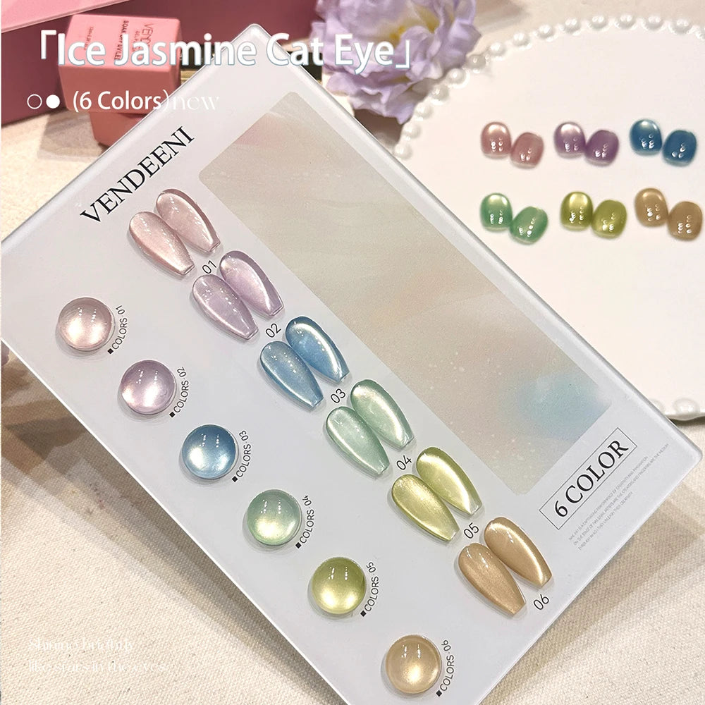 Vendeeni 6 Colors Crystal Cat Eye Gel Nail Polish Set Semi Permanent Sparkling Magnetic UV LED Soak Off Gel Varnish With Display