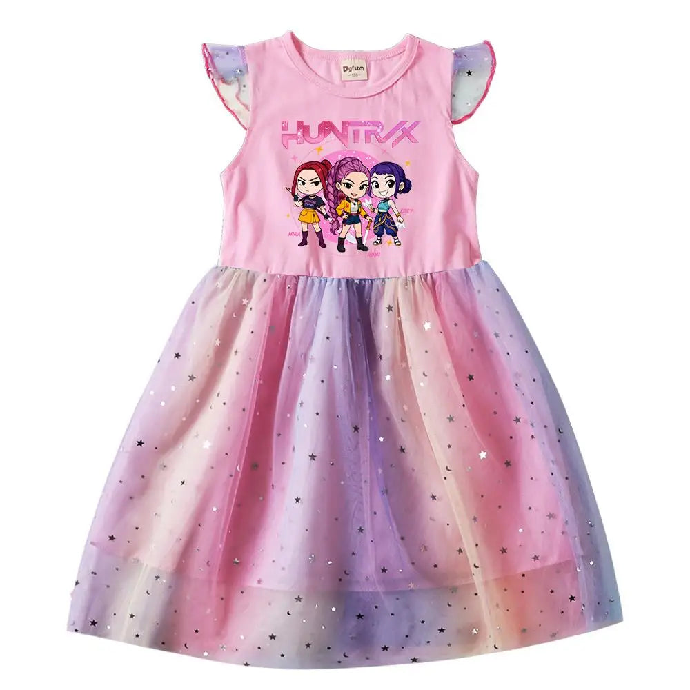 Girls' K-Pop Hunters "Chibi Rainbow" Princess Dress: Flying Sleeve Tutu with Star Sequins