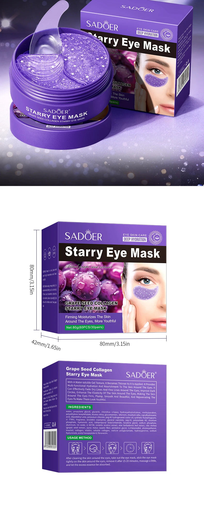 SADOER Starry Grape Collagen Eye Mask: 60pcs Anti-Dark Circle & Deep Hydration Patches