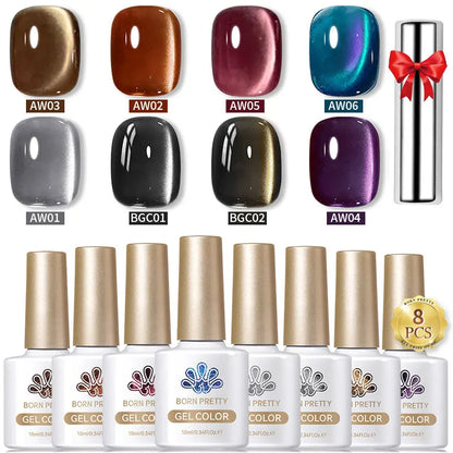 BORN PRETTY 8Pcs Glitter Cat Magnetic Nail Gel Polish Set Moonlight Transparent Summer Semi Permanent UV Gel Soak Off Nail Gel