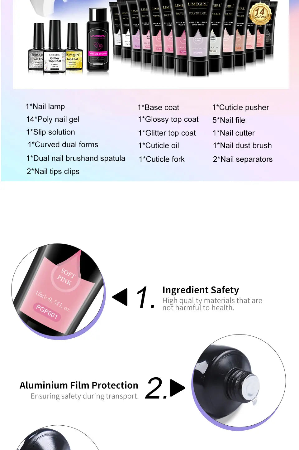 Poly Extension Gel Nail Kit 14 PCS 15ML Quick Building UV/LED Gel with Slip Solution and Nails Art Lamp  for Beginner Manicure
