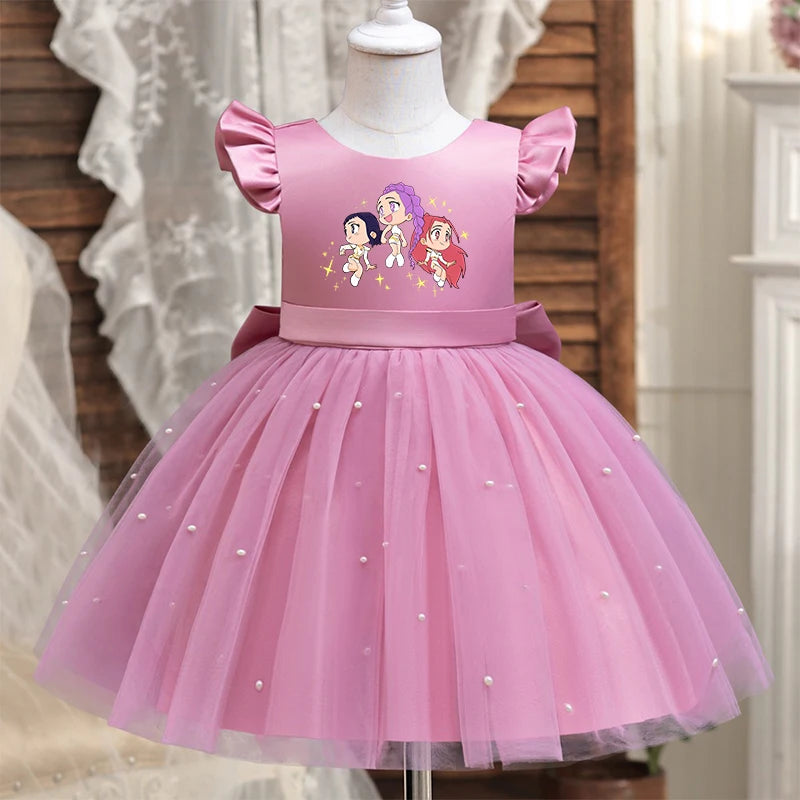 Girls' K-Pop "Pearl Essence" Gala Gown: Pink Tulle Tutu Dress with XL Back Bow & Beading