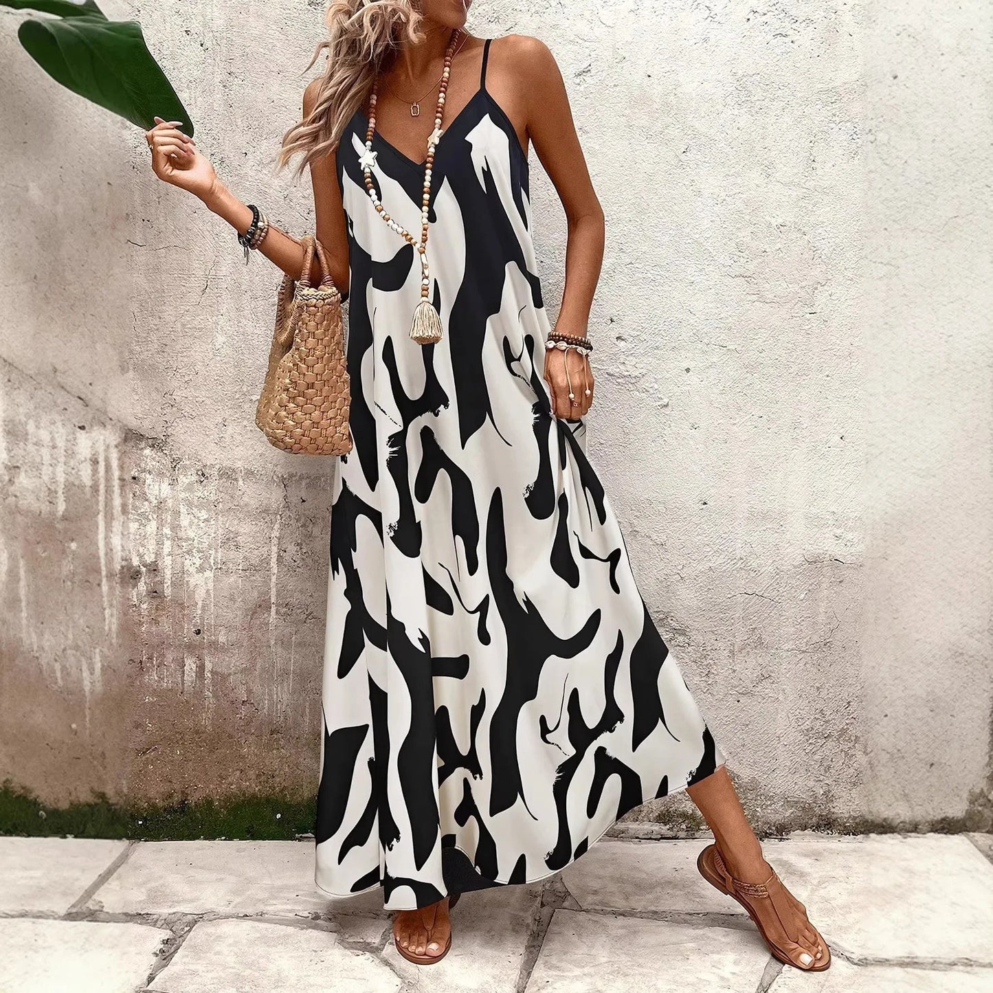 Summer 2026 Women's Fashion Slim Fit Floral Print V-Neck Loose Holiday Style Dress Knitted Fabric A- Line Skirt Casual Wear