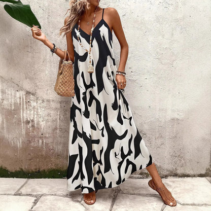 Summer 2026 Women's Fashion Slim Fit Floral Print V-Neck Loose Holiday Style Dress Knitted Fabric A- Line Skirt Casual Wear