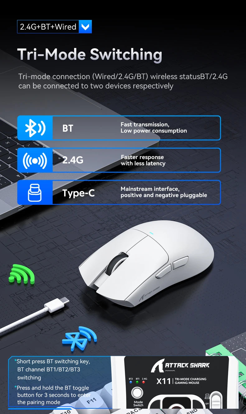 Attack Shark X11 Mouse PAW3311 Wireless 1K Hz Macro Magnetic RGB Docking Charger for Gaming
