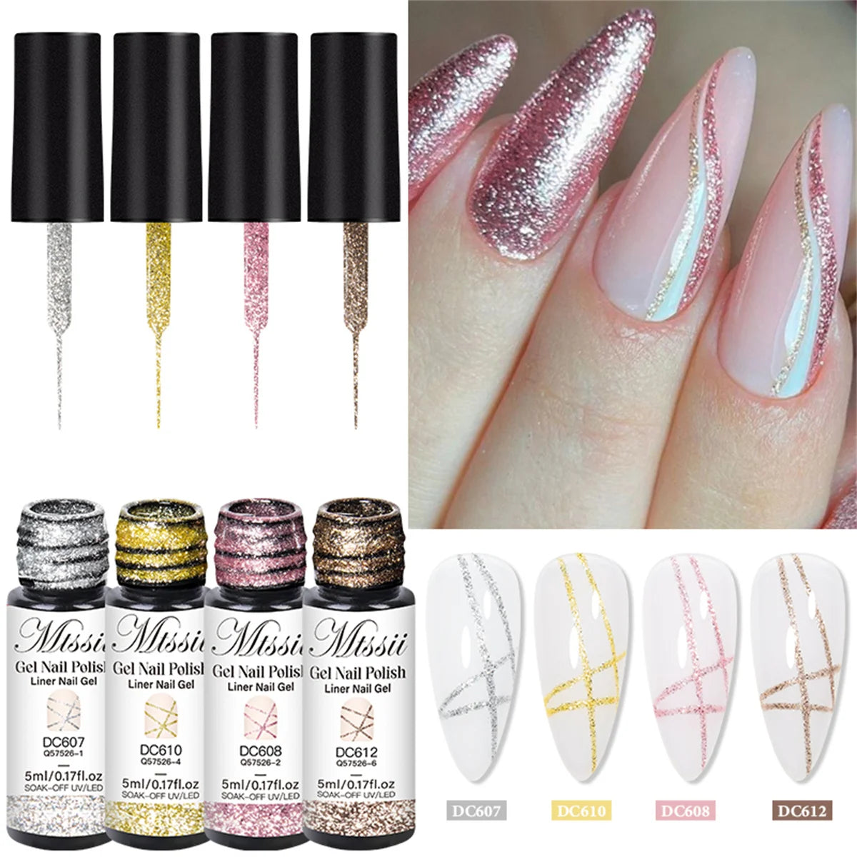 2/3/4/6pcs Platinum Glitter Liner Gel Nail Polish Set Gold Silver Sparkle Pull Line Gel Graffiti Painting Stripe DIY French Nail