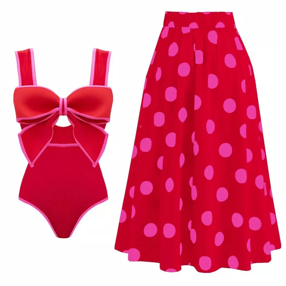 2024 Sexy Women's Swimsuit with Skirt One-Piece Swimwear Vintage Ruffle V Neck Cover Up Bikinis Set Beachwear Bathing Suit