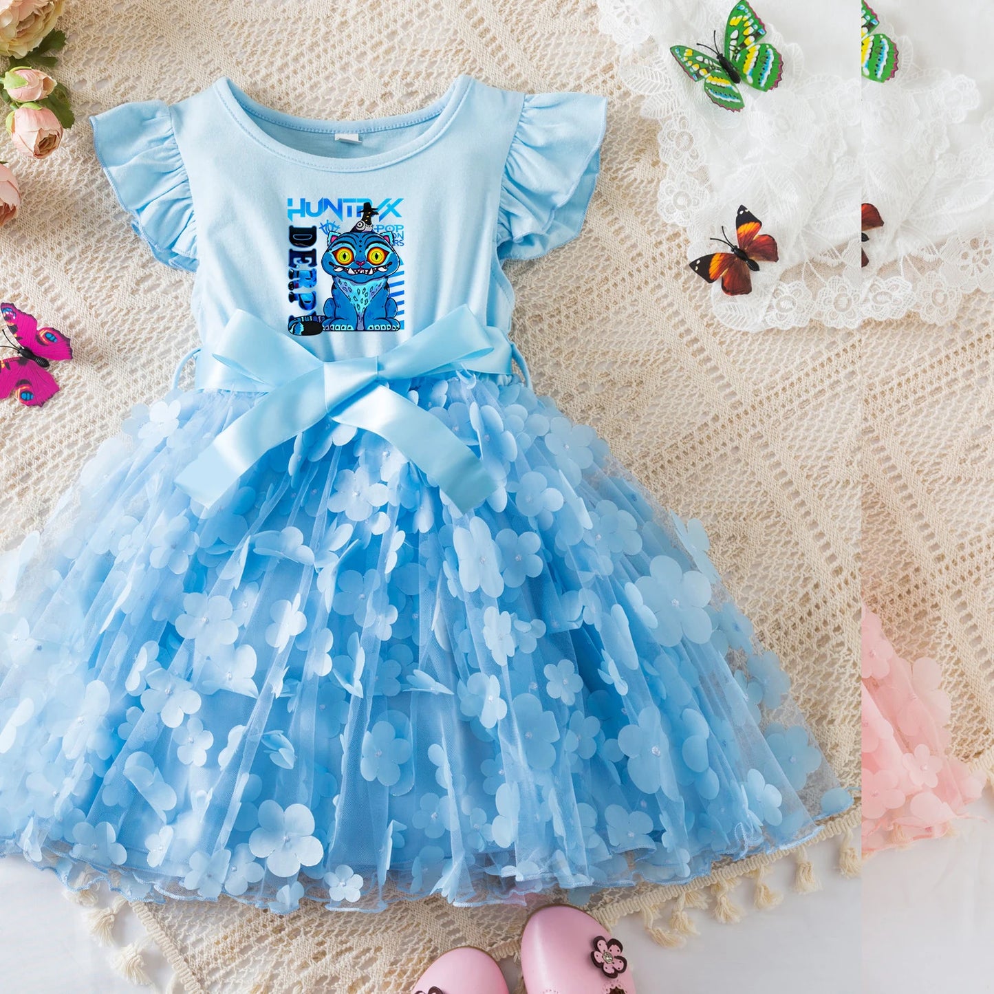 Girls' K-Pop Demon Hunters "Pink Blossom" Dress: 3D Flower Tutu & Idol Graphic Gown