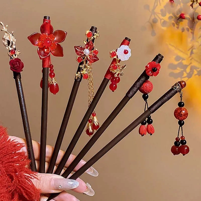 Retro Red Flower Hair Stick.