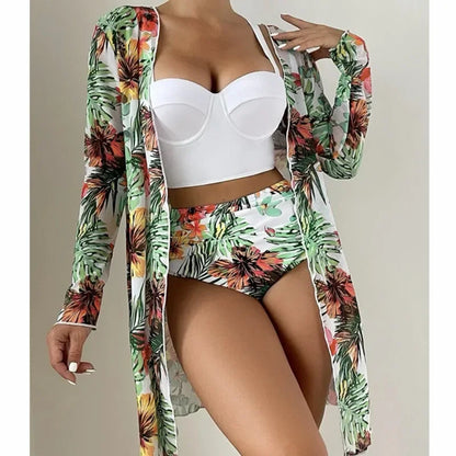 Three Pieces Bikini Set Cover Up Women 2023 New Push Up Twist Swimsuit Print Long Sleeve Swimwear Biquini Bathing Suit Summer
