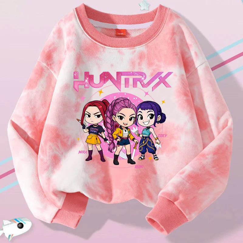 K-Pop Hunters Zoey Mira Rumi Tie-dyed Sweatshirt for Girl Pullover Crew Neck Child Sportwear Long Sleeve Cartoon Kids Tops