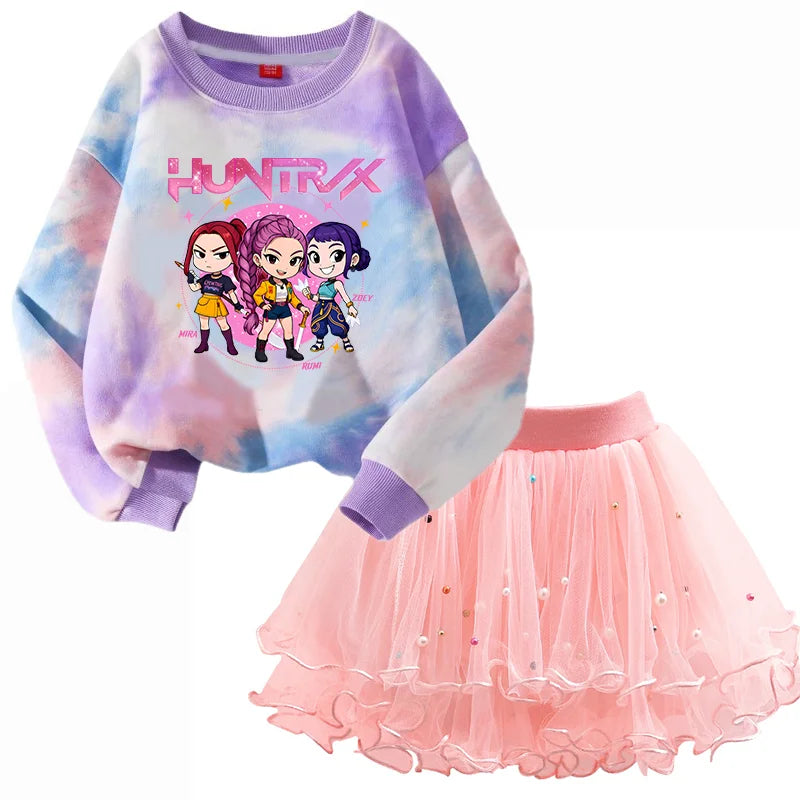 Girls' K-Pop HUNTRX Autumn Set: Pink Tie-Dye Sweatshirt & Pearl Tulle Princess Skirt