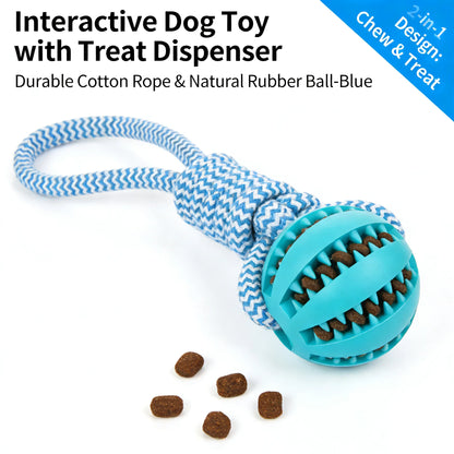 2-in-1 Dog Chew Toy with Treat Dispenser Durable Cotton Rope Natural Rubber Ball for Small Medium Dogs Teeth Cleaning