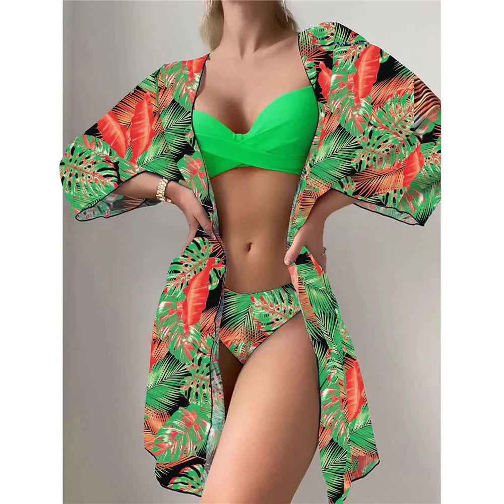 Three Pieces Bikini Set Cover Up Women 2023 New Push Up Twist Swimsuit Print Long Sleeve Swimwear Biquini Bathing Suit Summer