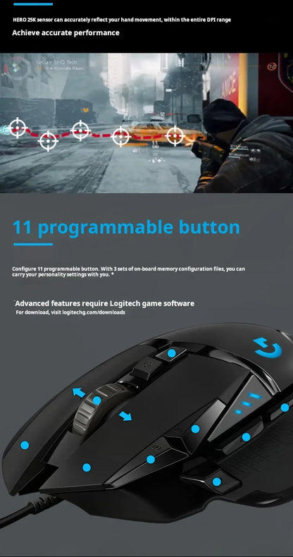 Logitech G502 HERO/G402 Sniper Gaming Mouse: RGB lighting and adjustable weights help you achieve precise wins in PUBG.