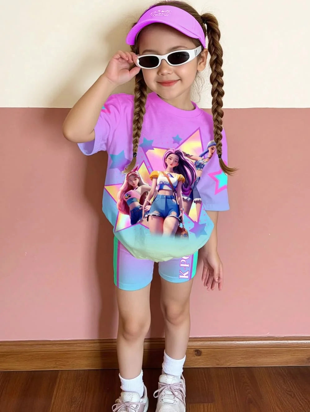 Kpop Cartoon Graphic New T-Shirt and Pants Set Girls' Summer Clothing Cute Short Sleeve Set Children's T-Shirt and Shorts Set