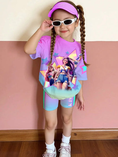 Kpop Cartoon Graphic New T-Shirt and Pants Set Girls' Summer Clothing Cute Short Sleeve Set Children's T-Shirt and Shorts Set