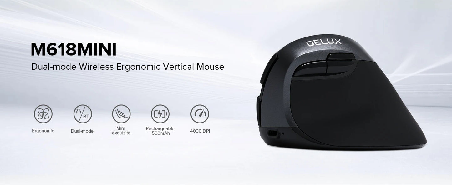 Delux M618 Mini Ergonomic Mouse Gaming Wireless Vertical Mouse Bluetooth 2.4GHz Rechargeable 4000dpi Silent Mice for Office