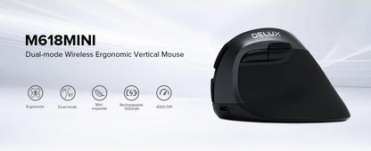 Delux M618 Mini Ergonomic Mouse Gaming Wireless Vertical Mouse Bluetooth 2.4GHz Rechargeable 4000dpi Silent Mice for Office