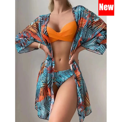 Three Pieces Bikini Set Cover Up Women 2023 New Push Up Twist Swimsuit Print Long Sleeve Swimwear Biquini Bathing Suit Summer