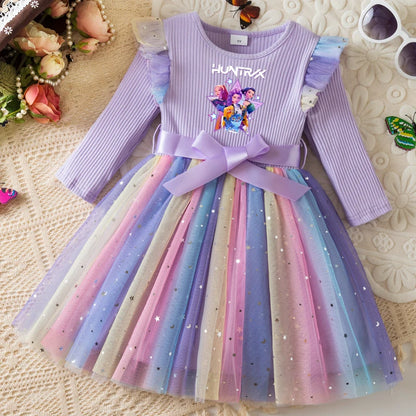 K-Pop Hunters Zoey Mira Rumi Colorful Princess Dress for Kids Girls Casual Long Sleeve Sequin Mesh Dresses Party Gift 1-5Y