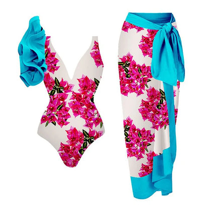 2024 Sexy Women's Swimsuit with Skirt One-Piece Swimwear Vintage Ruffle V Neck Cover Up Bikinis Set Beachwear Bathing Suit