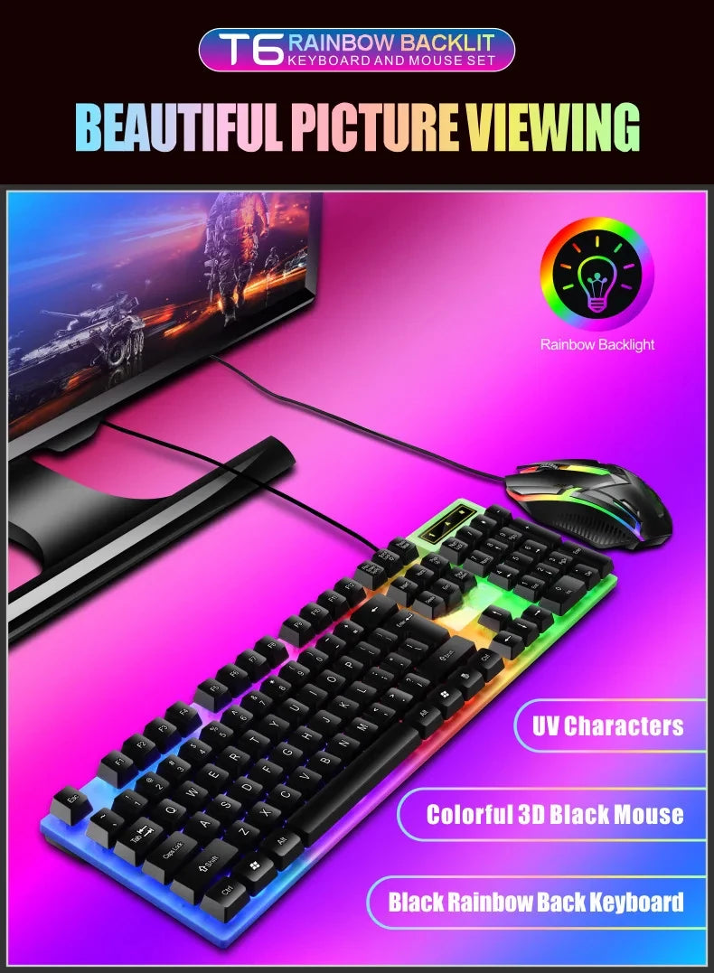 Colorful LED Backlit USB Keyboard and Mouse Combo, Comfortable Grip, Durable and Wear-Resistant. Suitable for Business, Office,
