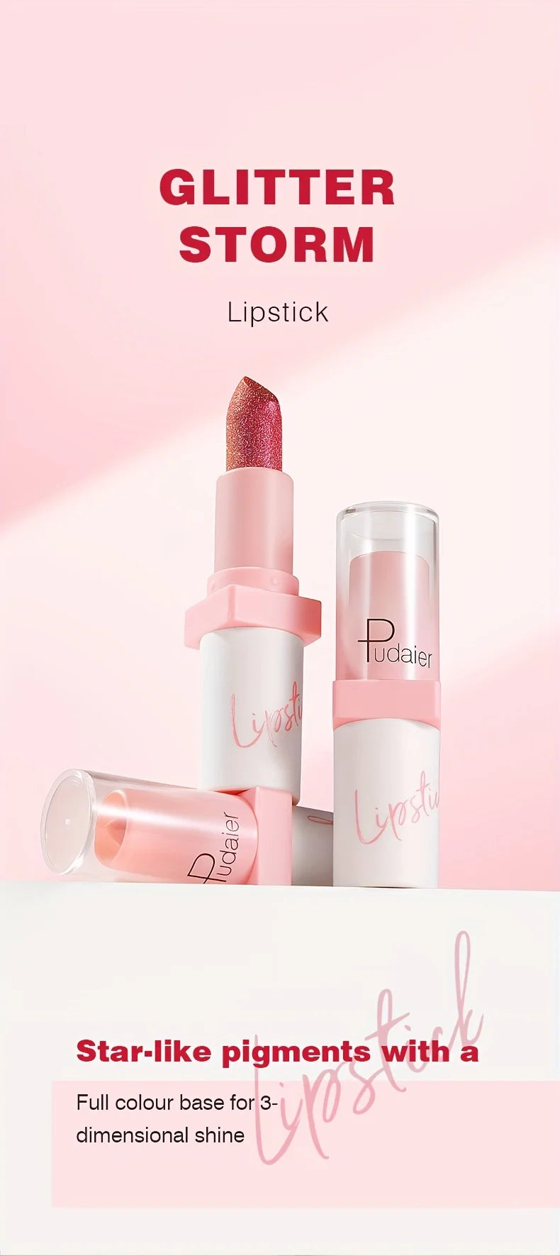 Pudaier Metallic Glitter Hybrid Lipstick: Sparkling Pearl Shimmer & Silk Texture