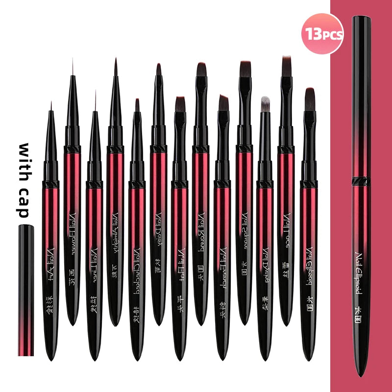 New 1/13pcs Nail Art Brush Set Black Red Metal Handle Acrylic UV Gel Polish Crystal Acrylic Nail Drawing Tools High Quality