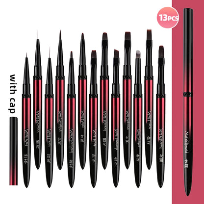 New 1/13pcs Nail Art Brush Set Black Red Metal Handle Acrylic UV Gel Polish Crystal Acrylic Nail Drawing Tools High Quality
