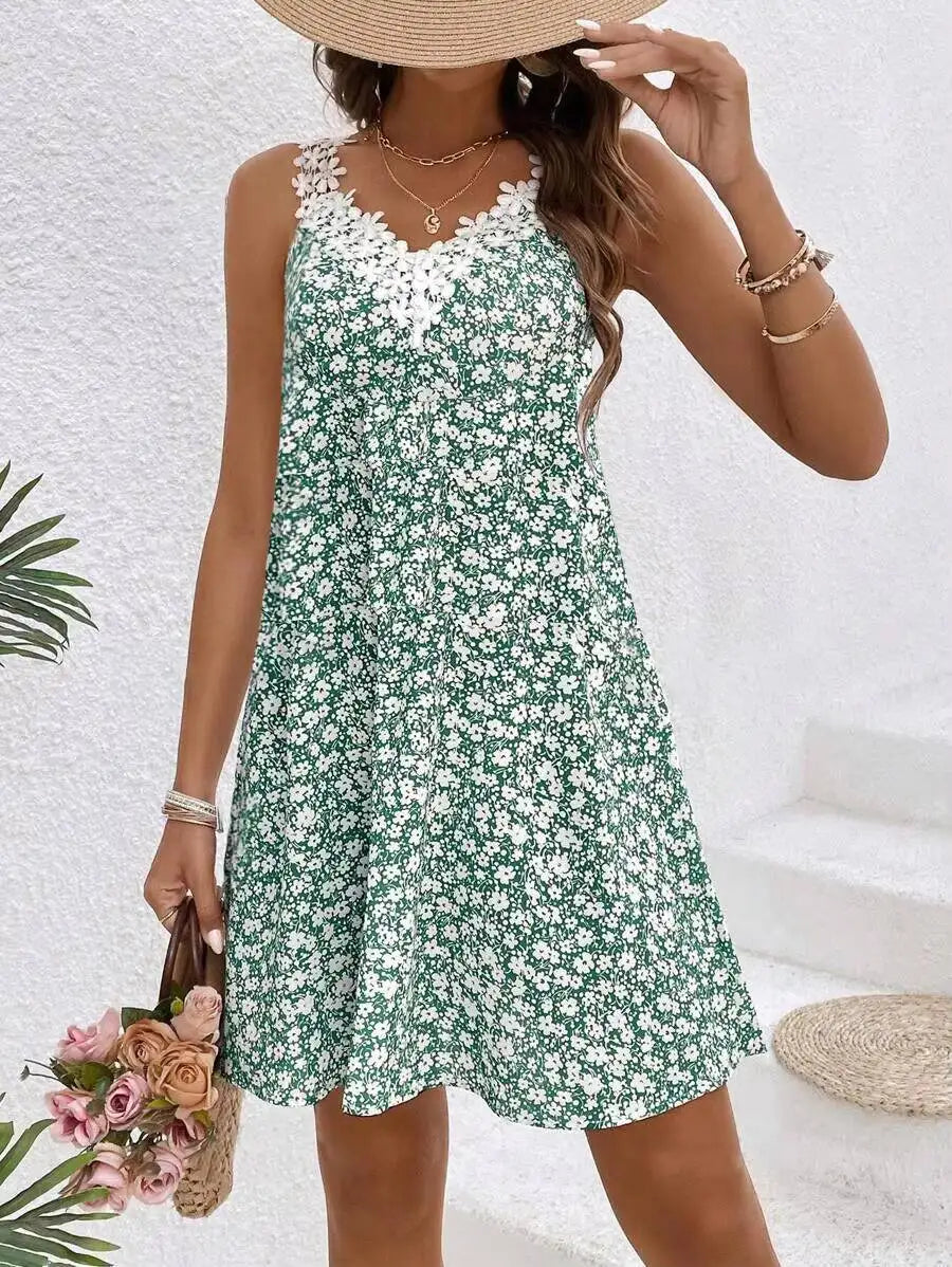 Women Dress Floral Lace Trim Spaghetti Strap A Line Mini Dress Boho Spring Summer Romantic Beach Vacation Flowy Comfy Outfit