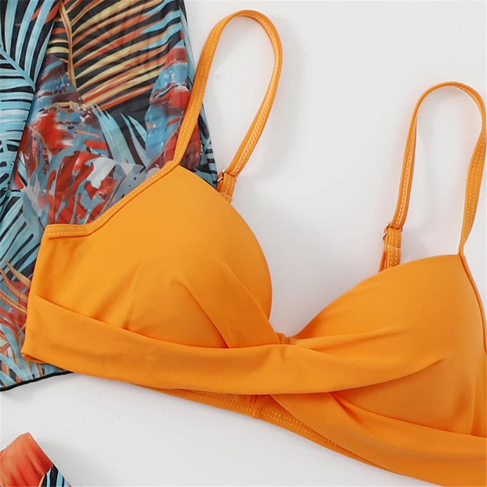 Three Pieces Bikini Set Cover Up Women 2023 New Push Up Twist Swimsuit Print Long Sleeve Swimwear Biquini Bathing Suit Summer