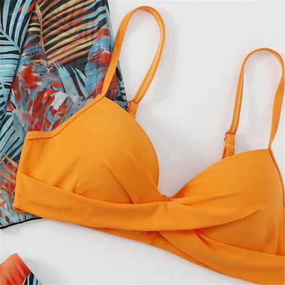 Three Pieces Bikini Set Cover Up Women 2023 New Push Up Twist Swimsuit Print Long Sleeve Swimwear Biquini Bathing Suit Summer