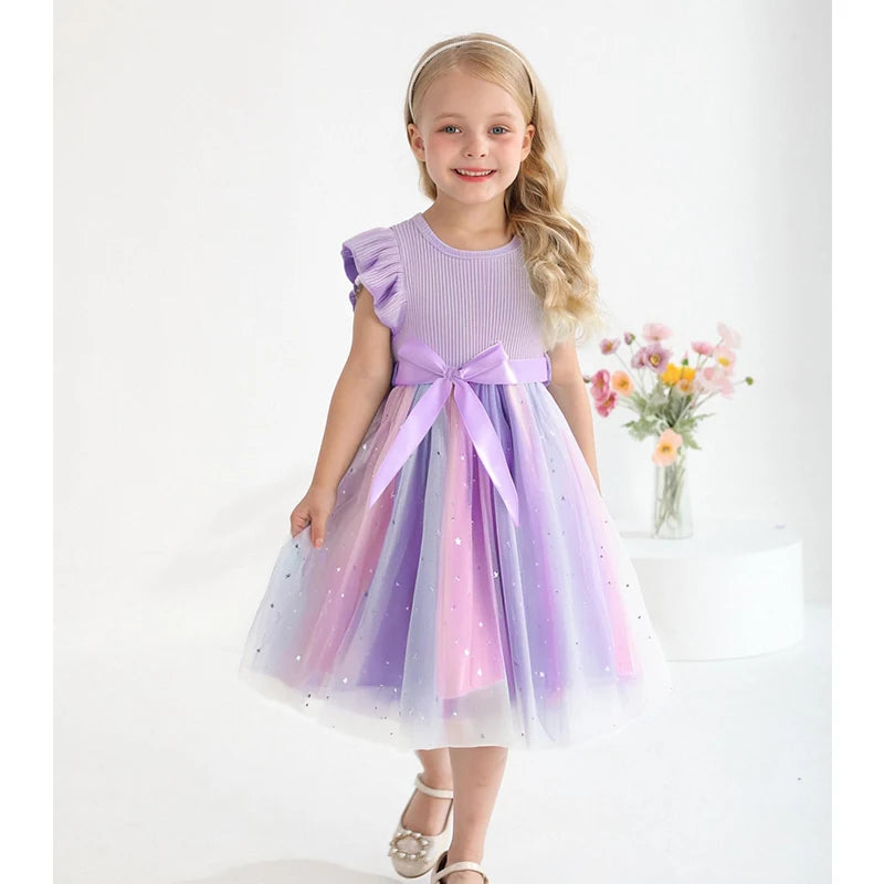 Girls' HUNTRX Rainbow Tulle Princess Dress: Sequin Star & Chibi Idol Party Gown