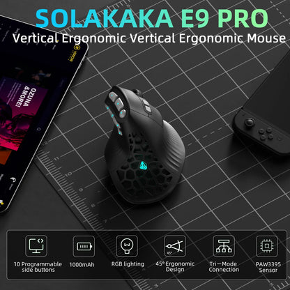 SOLAKAKA E9 Pro MMO Vertical Mouse PAW3395 Sensor 1000mAh Battery 45° Vertical Grip Ergonomic Mouse 8k Gaming Mouse